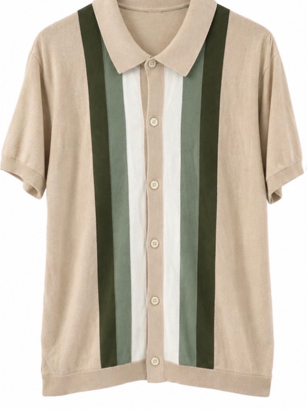 GAP Beige Short-Sleeve Button Shirt with Green Stripe Paneling - Picture 1 of 2